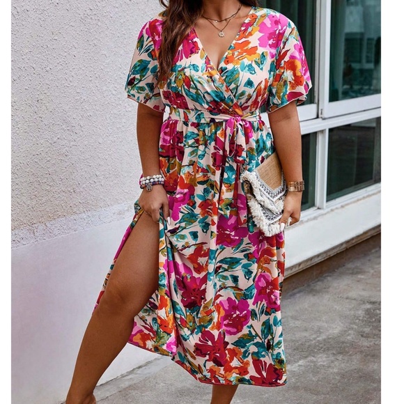 Butterfly Baroque Print Puff Sleeve Dress With Belt